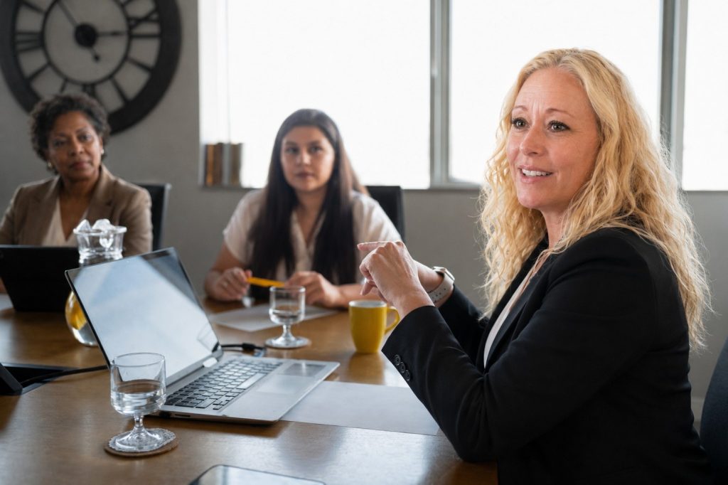 Certification consultant reviewing WBE certification documents with a woman business owner