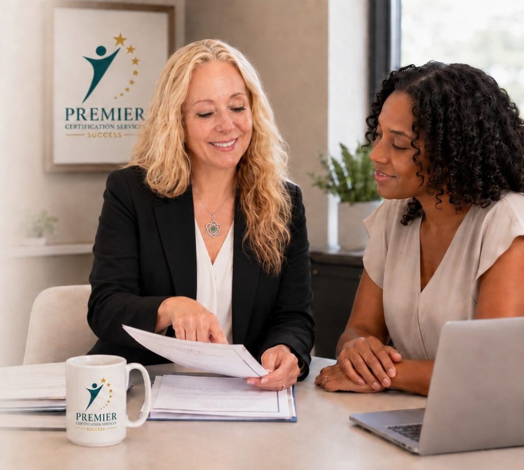 Certification consultant reviewing MBE certification documents with a minority business owner